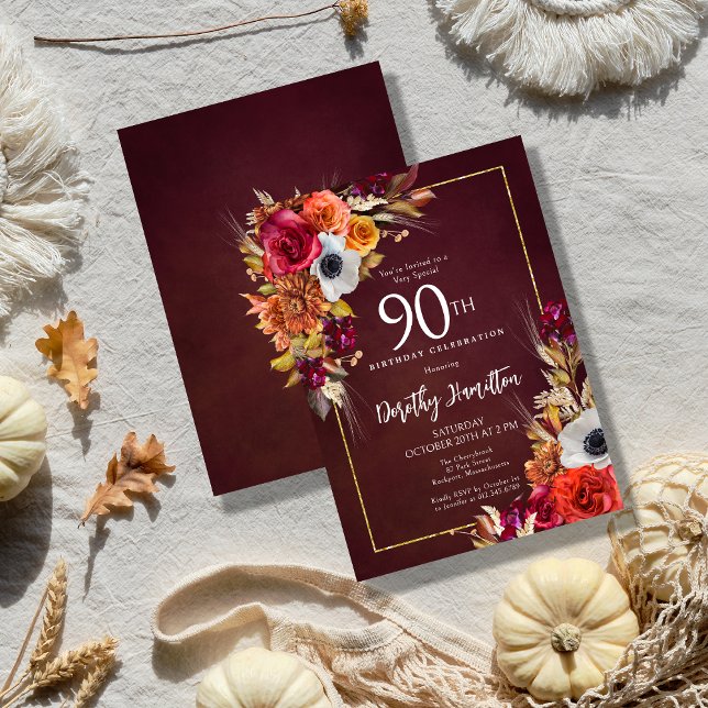 Invitación Burgundy Fall Flores Elegante guión 90 cumpleaños (Subido por el creador)