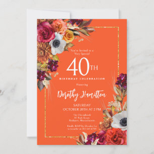 Invitación Burgundy Fall Flores Elegante Script 40 cumpleaños