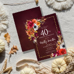 Invitación Burgundy Fall Flores Elegante Script 40 cumpleaños<br><div class="desc">Hermosas flores caídas decoran dos esquinas de un marco dorado. Rosas rojas, flores de terracota y peonías blancas se mezclan con hojas verdes y follaje. Las flores y el guión moderno blanco se golpean contra el fondo rojo burdeos. Este artículo forma parte de la colección Flores de otoño de Borgoña....</div>