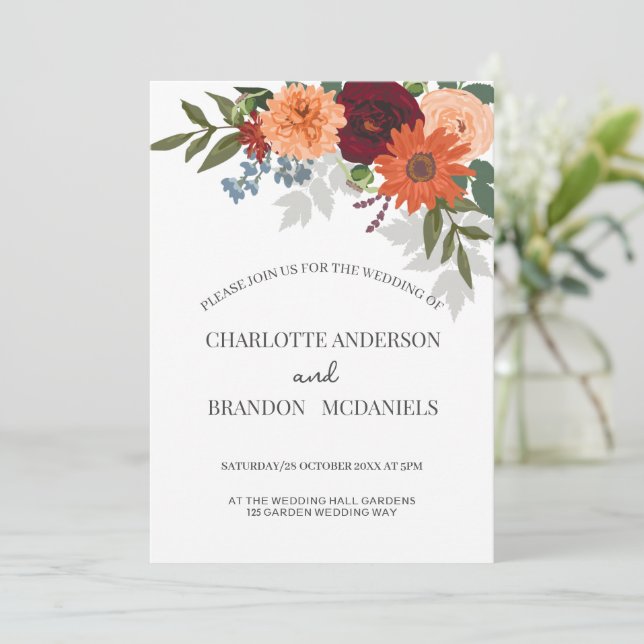 Invitación Burgundy Fall Garden Boda Floral (Anverso de pie)