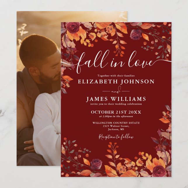 Invitación Burgundy Fall In Love Autumn Floral Photo Wedding (Anverso / Reverso)