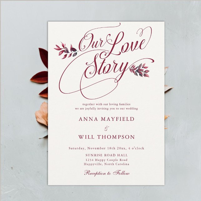 Invitación Burgundy Fall Love Story Romantic Elegant Wedding (burgundy fall leaves wedding invitation elegant rustic boho modern classic formal romantic simple)