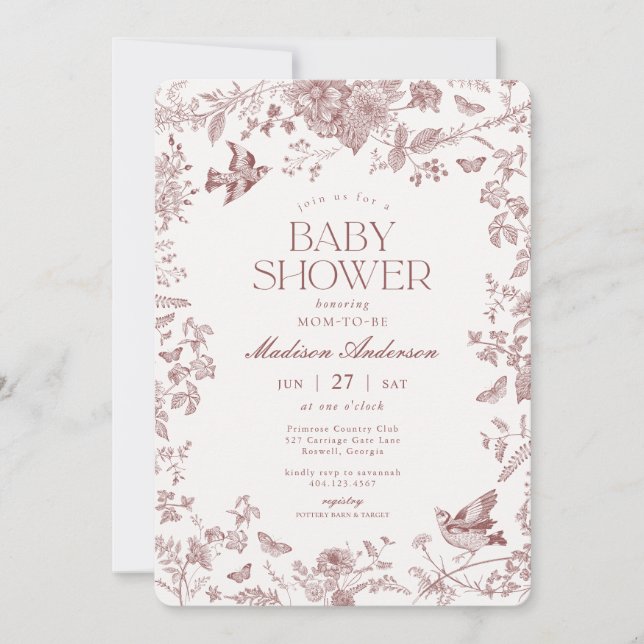Invitación Burgundy Fall Toile De Jouy Floral Baby Shower (Anverso)