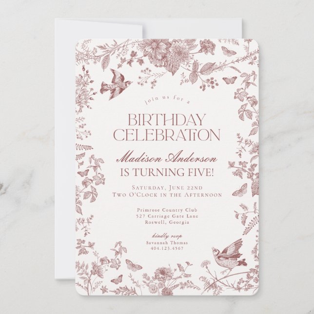 Invitación Burgundy Fall Toile De Jouy Floral Birday Party (Anverso)