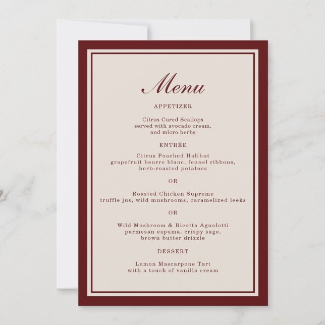Invitación Burgundy Fall Wedding Menu Card (Anverso)