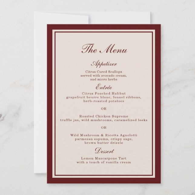 Invitación Burgundy Fall Wedding Menu Card (Anverso)