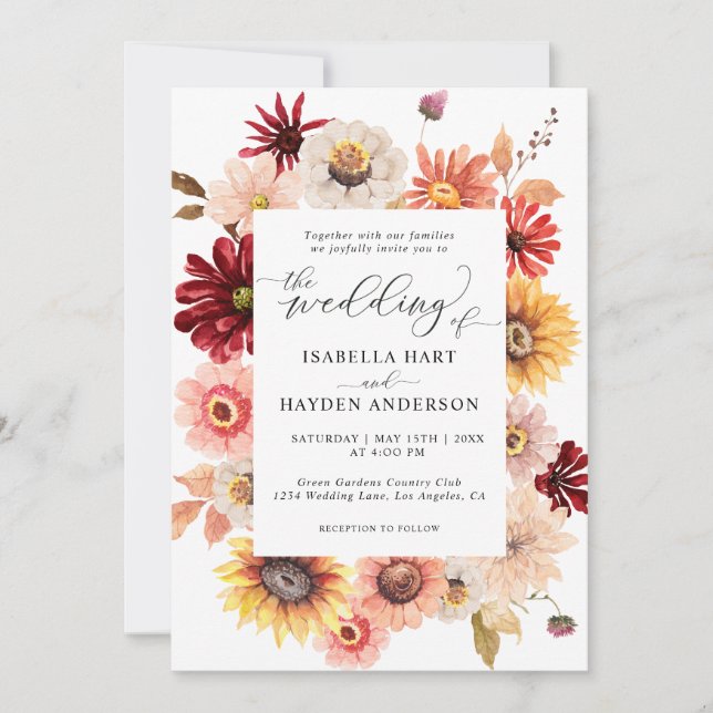 Invitación Burgundy Fall Wild Floral Sunflowers Boda (Anverso)