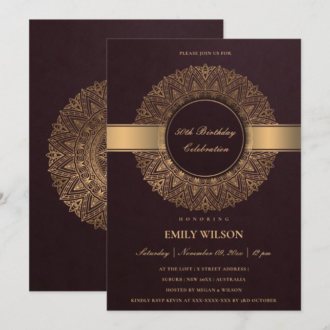 INVITACIÓN BURGUNDY FAUX GOLD MANDALA CUALQUIER AÑO 50 CUMPLE (Anverso / Reverso)
