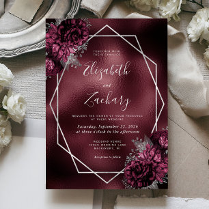 Invitación Burgundy Faux Relieve metalizado Boda Floral de ma
