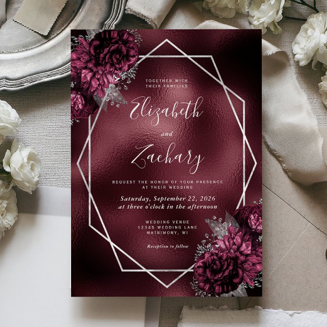 Invitación Burgundy Faux Relieve metalizado Boda Floral de ma (Subido por el creador)