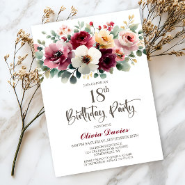 Invitación Burgundy Floral 18a fiesta de cumpleaños