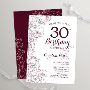 Invitación Burgundy Floral 30.ª Fiesta de cumpleaños