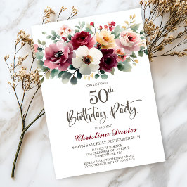 Invitación Burgundy Floral 50 cumpleaños