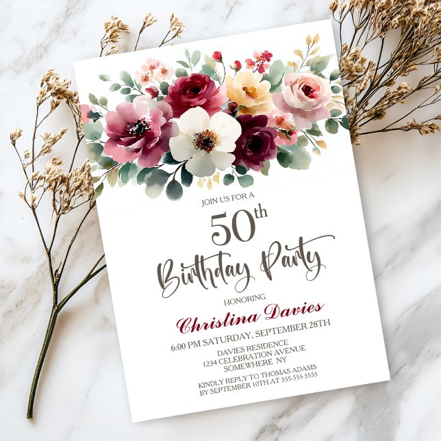 Invitación Burgundy Floral 50 cumpleaños (Subido por el creador)