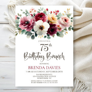Invitación Burgundy Floral 75th Birthday Brunch