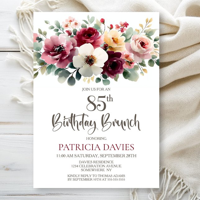 Invitación Burgundy Floral 85th Birthday Brunch (Subido por el creador)