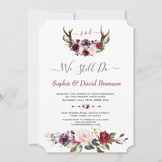 Invitación Burgundy Floral Antlers Calligraphy TODAVÍA LO HAC (Anverso)