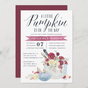 Invitación Burgundy Floral & Autumn Pumpkin Baby Shower