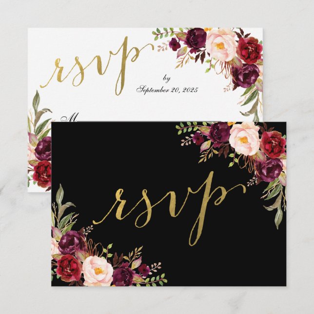 Invitación Burgundy Floral Black Faux Wedding Relieve metaliz (Anverso / Reverso)