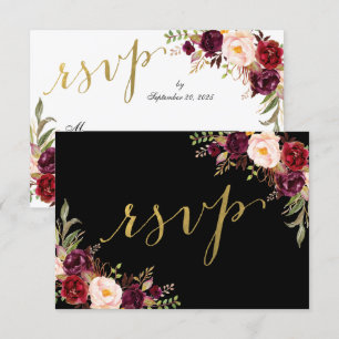 Invitación Burgundy Floral Black Faux Wedding Relieve metaliz