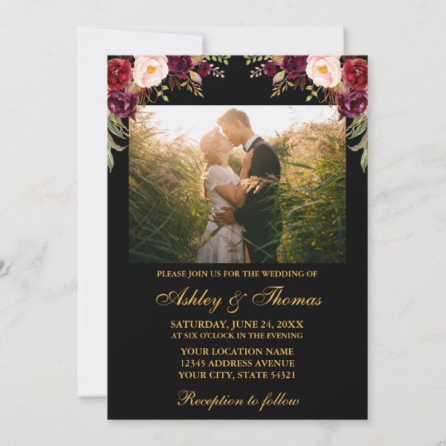 Invitación Burgundy Floral Black Gold Boda Foto (Anverso)