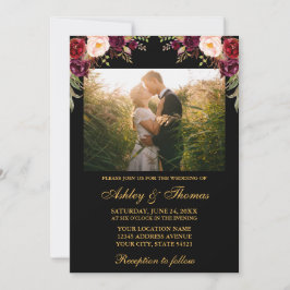 Invitación Burgundy Floral Black Gold Boda Foto