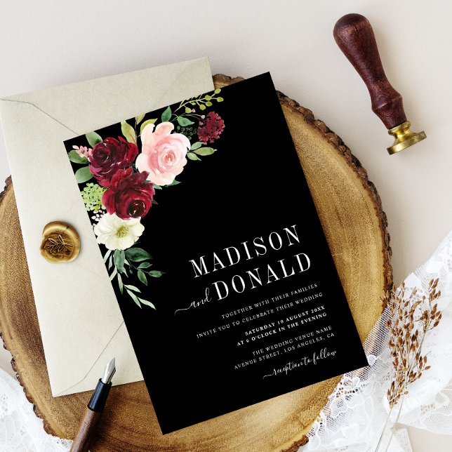 Invitación burgundy floral black wedding invitation (Subido por el creador)