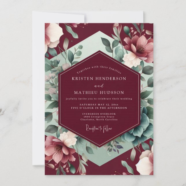 Invitación Burgundy Floral Bloom Romance Wedding (Anverso)