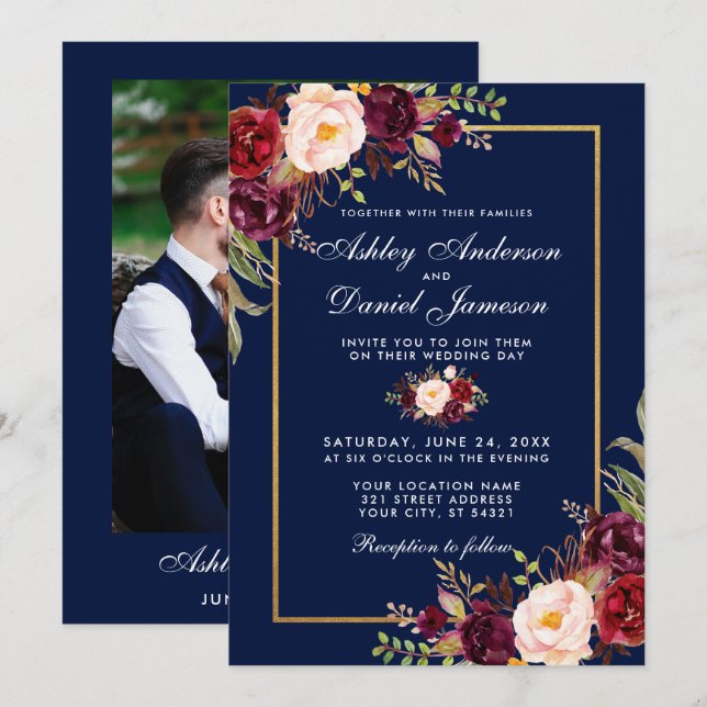 Invitación Burgundy Floral Blue Gold Photo Boda (Anverso / Reverso)