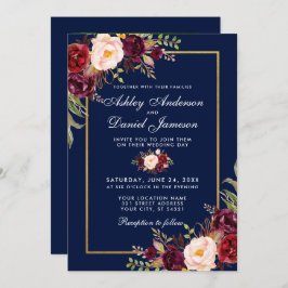 Invitación Burgundy Floral Blue Gold Photo Boda