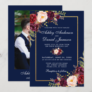 Invitación Burgundy Floral Blue Gold Photo Boda