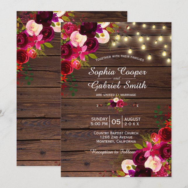 Invitación Burgundy Floral | Boda de madera de las luces de c (Anverso / Reverso)