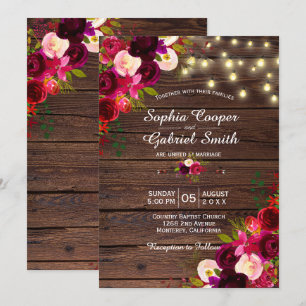 Invitación Burgundy Floral   Boda de madera de las luces de c