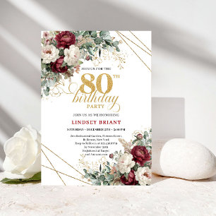 Invitación Burgundy Floral Bohemio Oro Cumpleaños 80