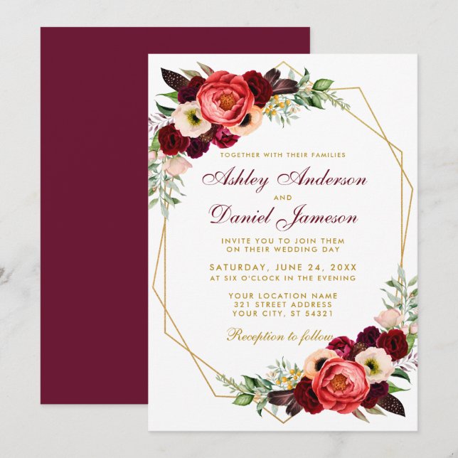 Invitación Burgundy Floral Boho Boda Gold Frame B (Anverso / Reverso)