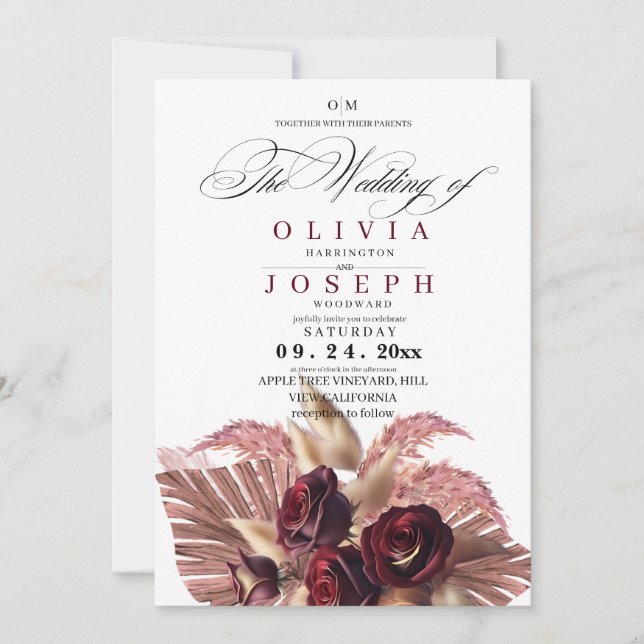 Invitación Burgundy Floral Boho Boda Rústico (Anverso)