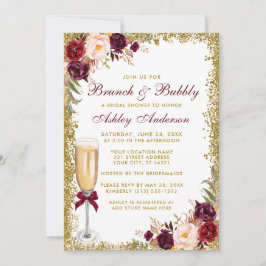 Invitación Burgundy Floral Bridal Brunch Bubbly Gold Purpurin