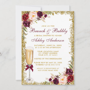 Invitación Burgundy Floral Bridal Brunch Bubbly Gold Purpurin