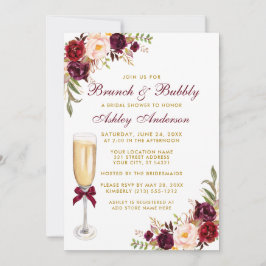 Invitación Burgundy Floral Bridal Shower Brunch Bubbly Gold