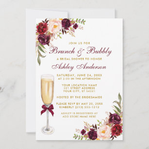 Invitación Burgundy Floral Bridal Shower Brunch Bubbly Gold