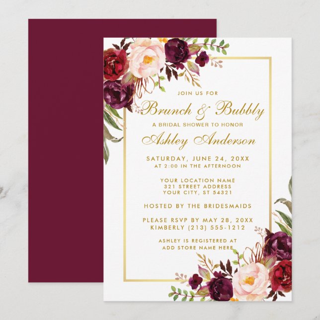 Invitación Burgundy Floral Bridal Shower Brunch Invite al Oro (Anverso / Reverso)