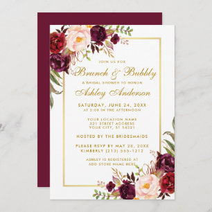 Invitación Burgundy Floral Bridal Shower Brunch Invite al Oro