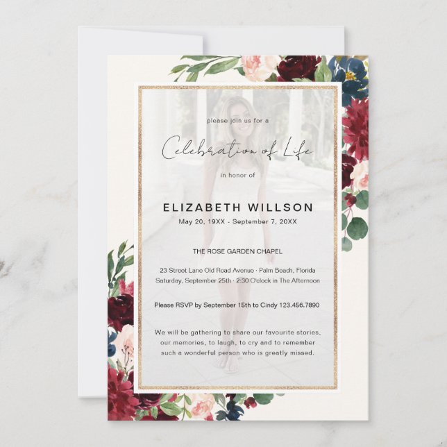 Invitación Burgundy Floral Celebración de la Vida Funeral Fot (Anverso)