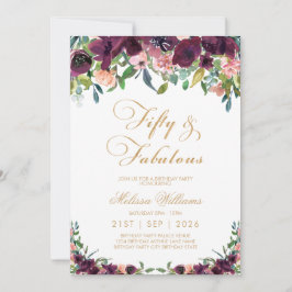 Invitación Burgundy Floral Cincuenta y Fabuloso cumpleaños 50