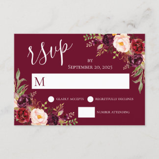 Invitación Burgundy Floral con Letra a Mano para RSVP de Boda