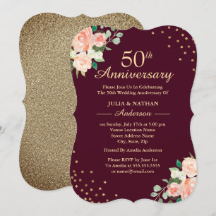 Invitación Burgundy Floral Confeti 50 Aniversario de Boda