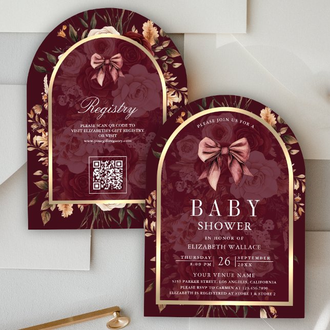 Invitación Burgundy Floral Coquette Bow Arch Baby Shower (Subido por el creador)