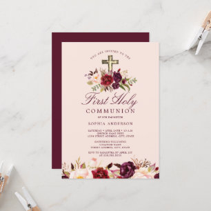 Invitación Burgundy Floral Cruz Niñas Primera Comunión
