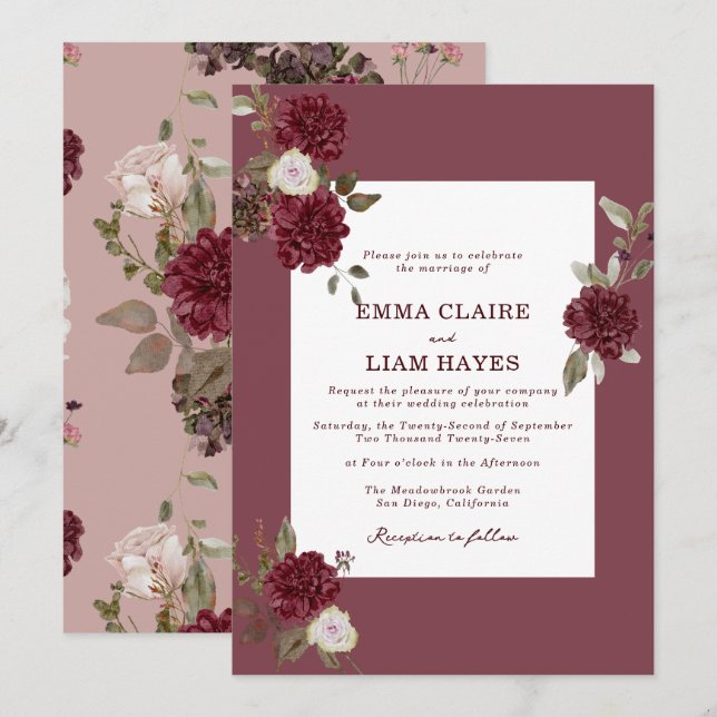 Invitación Burgundy Floral Deep Wine Old Money Wedding (Anverso / Reverso)