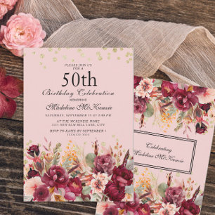 Invitación Burgundy Floral Dorado Brillante Cumpleaños 50